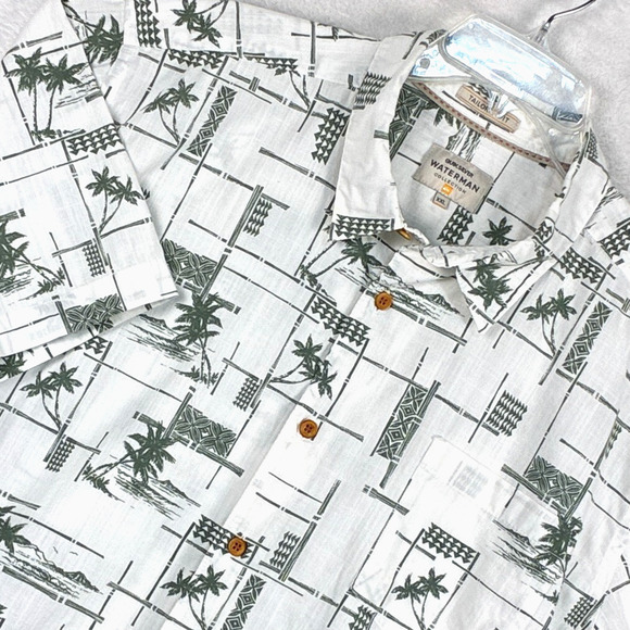 Quiksilver Waterman Hawaiian Camp Shirt Mens XXL White Green Palm AOP Tiki Aloha - Picture 1 of 9